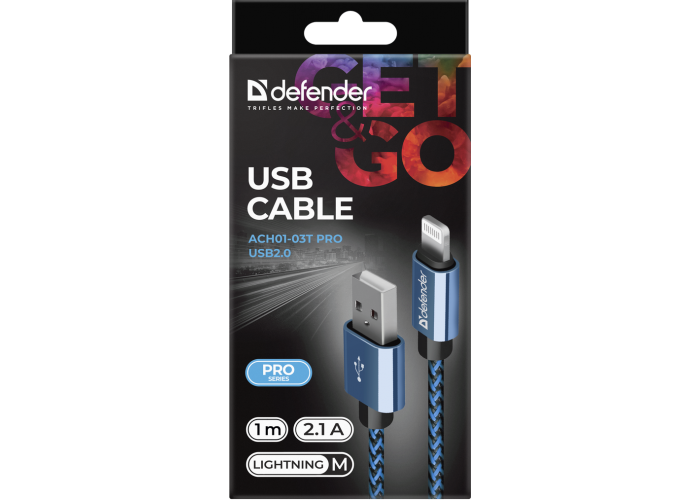USB кабель Defender ACH01-03T PRO USB2.0 Синий, AM-LightningM, 1m, 2.1A