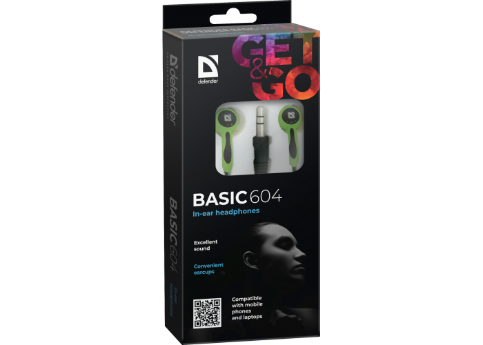 Наушники вставки Defender Basic 604 черный + зеленый