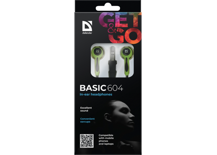 Наушники вставки Defender Basic 604 черный + зеленый