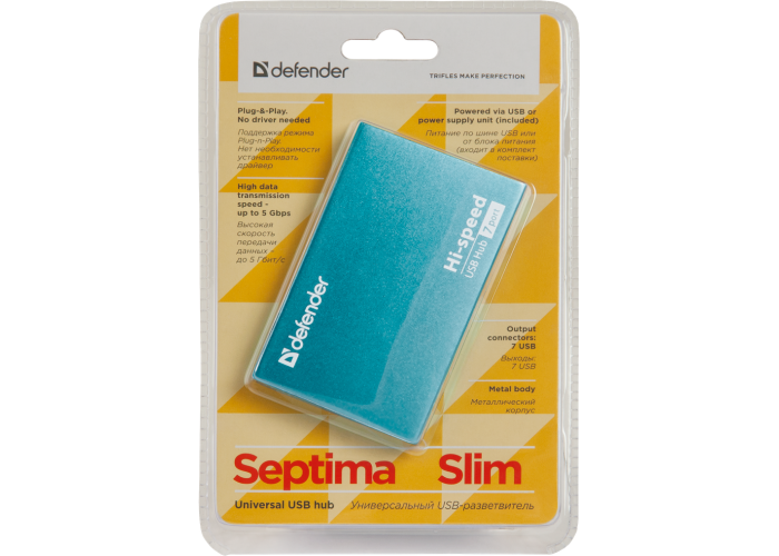 Универсальный USB разветвитель Defender Septima Slim USB2.0, 7портов,блок питания2A