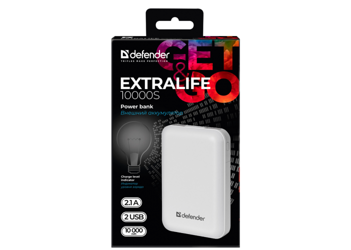 Внешний аккумулятор Defender ExtraLife 10000S Li-pol, 2USB, 10000mAh, 2.1A