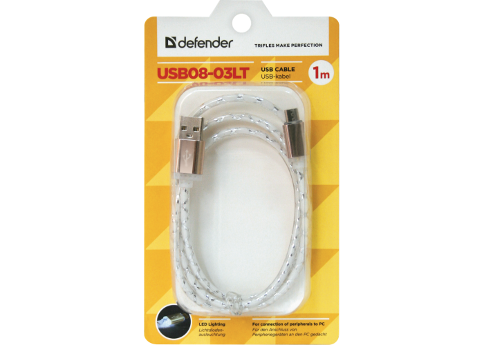 USB кабель Defender USB08-03LT USB2.0 серый, LED, AM-MicroBM, 1м
