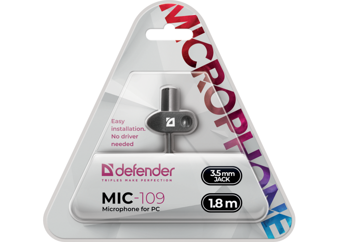 Микрофон компьютерный Defender MIC-109 черный, на прищепке, 1,8 м