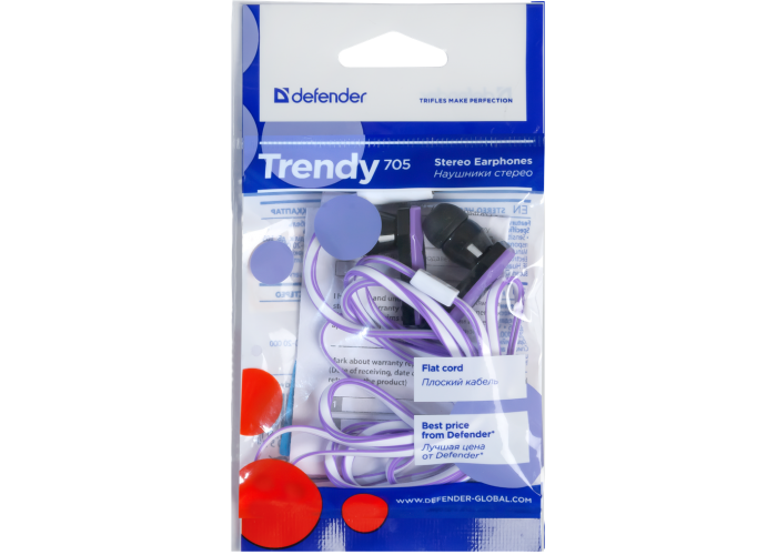 Наушники вставки Defender Trendy 705 черный + сиреневый
