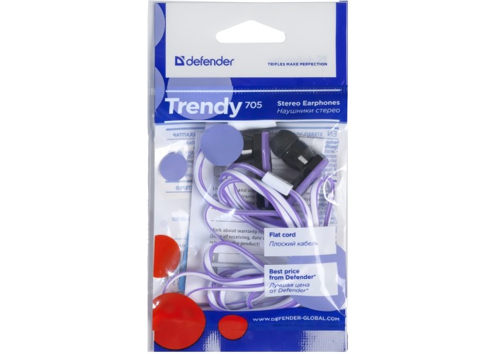 Наушники вставки Defender Trendy 705 черный + сиреневый
