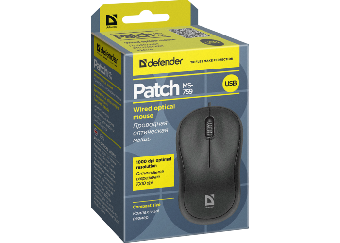 Проводная оптическая мышь Defender Patch MS-759 черный,3 кнопки,1000 dpi
