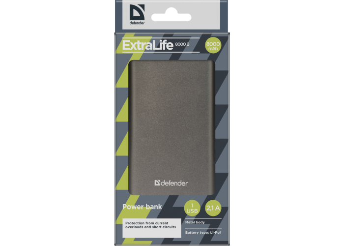 Внешний аккумулятор Defender ExtraLife 8000B Li-pol, 1 USB, 8000 mAh, 2.1A