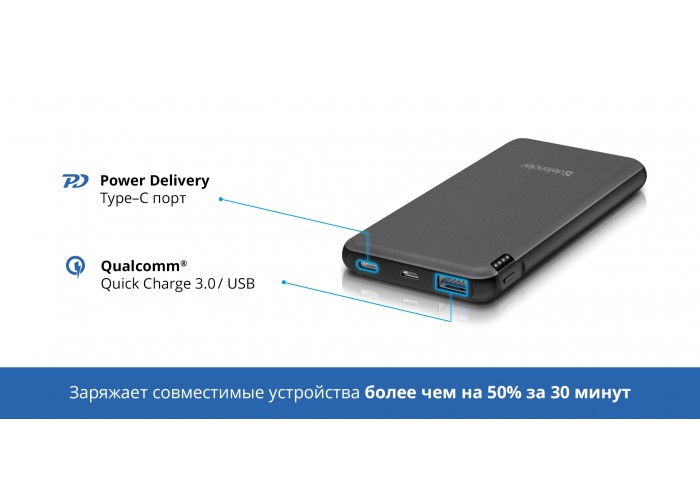 Внешний аккумулятор Defender ExtraLife Fast 10000D USB: QC3.0, Type-C/PD,10000mAh