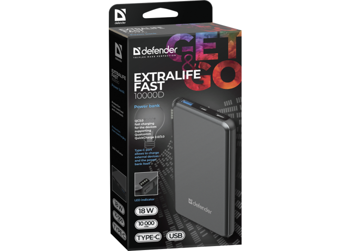 Внешний аккумулятор Defender ExtraLife Fast 10000D USB: QC3.0, Type-C/PD,10000mAh