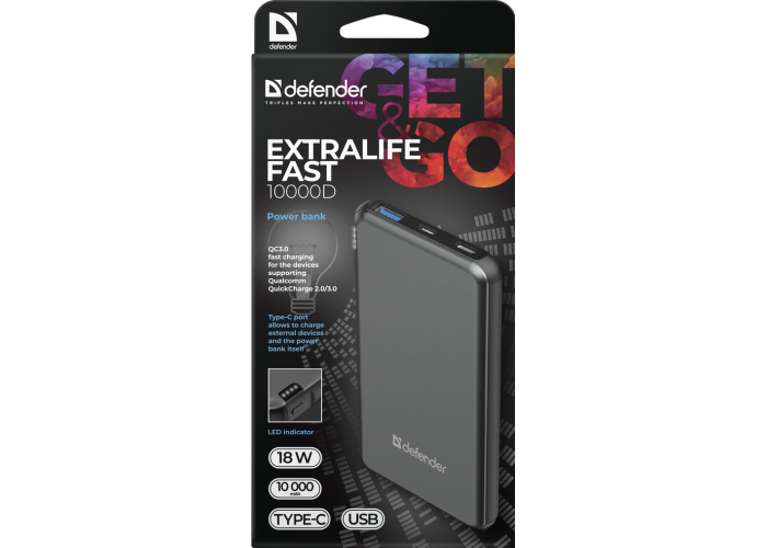 Внешний аккумулятор Defender ExtraLife Fast 10000D USB: QC3.0, Type-C/PD,10000mAh