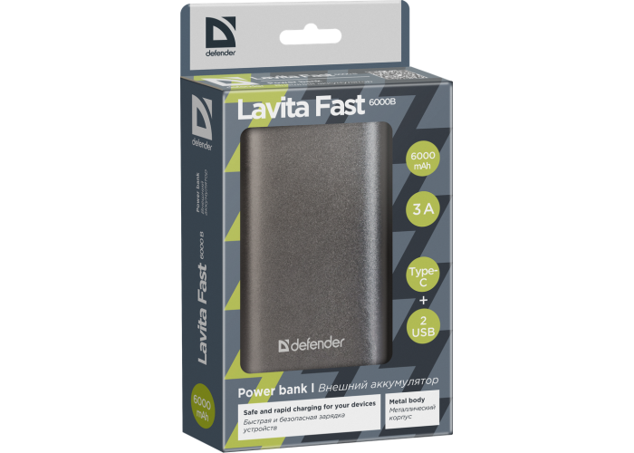 Внешний аккумулятор Defender Lavita Fast 6000B 2*USB+1*Type-C, 6000 mAh, 3A