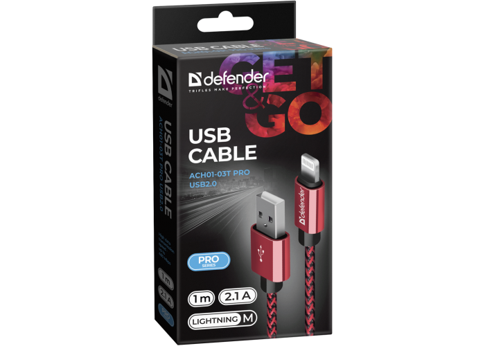 USB кабель Defender ACH01-03T PRO USB2.0 Красный, AM-LightningM,1m,2.1А