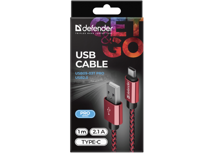 USB кабель Defender USB09-03T PRO USB2.0 Красный, AM-Type-C, 1m, 2.1A