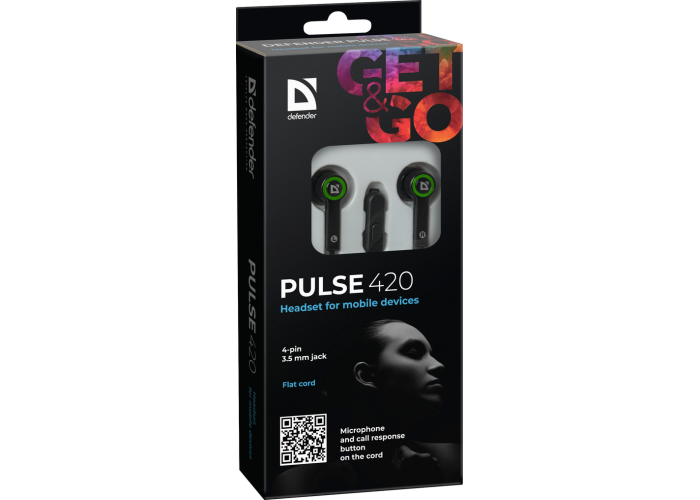 Гарнитура для смартфонов Defender Pulse 420 черный + зеленый, вставки
