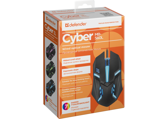 Проводная оптическая мышь Defender Cyber MB-560L 7цветов,3кнопки,1200dpi,черный
