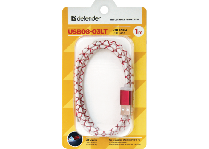 USB кабель Defender USB08-03LT USB2.0 красный, LED, AM-MicroBM, 1м