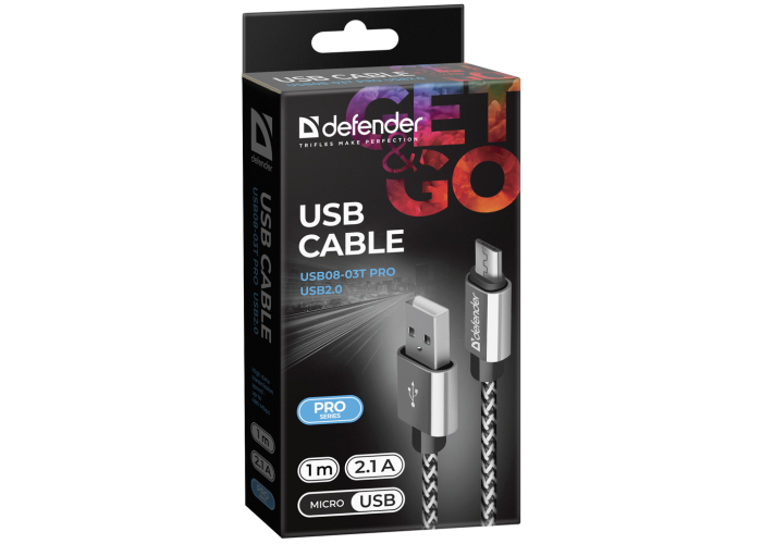 USB кабель Defender USB08-03T PRO USB2.0 Белый, AM-MicroBM, 1m, 2.1A
