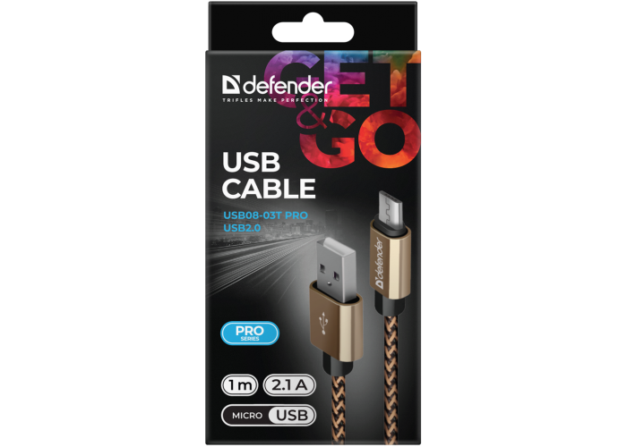 USB кабель Defender USB08-03T PRO USB2.0 Золотой, AM-MicroBM, 1m, 2.1A