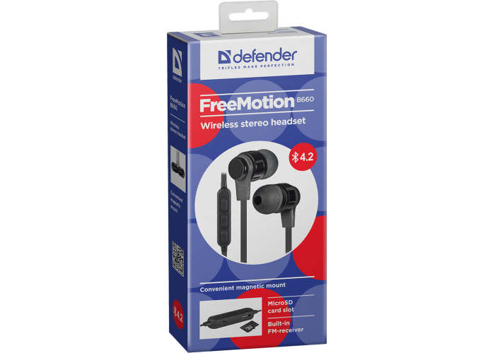 Беспроводная гарнитура Defender FreeMotion B660 черный, SD-карта, Bluetooth