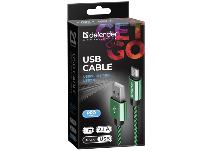 USB кабель Defender USB08-03T PRO USB2.0 Зеленый, AM-MicroBM, 1m, 2.1A