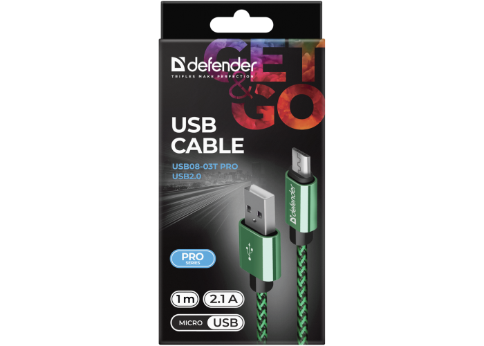 USB кабель Defender USB08-03T PRO USB2.0 Зеленый, AM-MicroBM, 1m, 2.1A