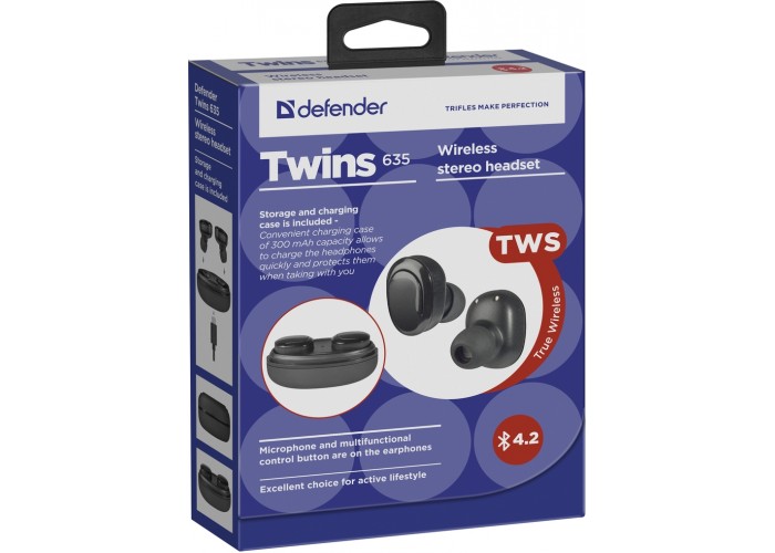 Беспроводная гарнитура Defender Twins 635 черный, TWS, Bluetooth