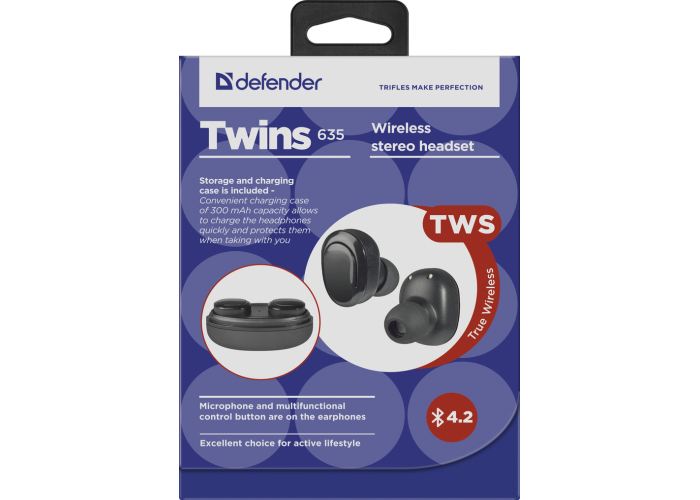 Беспроводная гарнитура Defender Twins 635 черный, TWS, Bluetooth