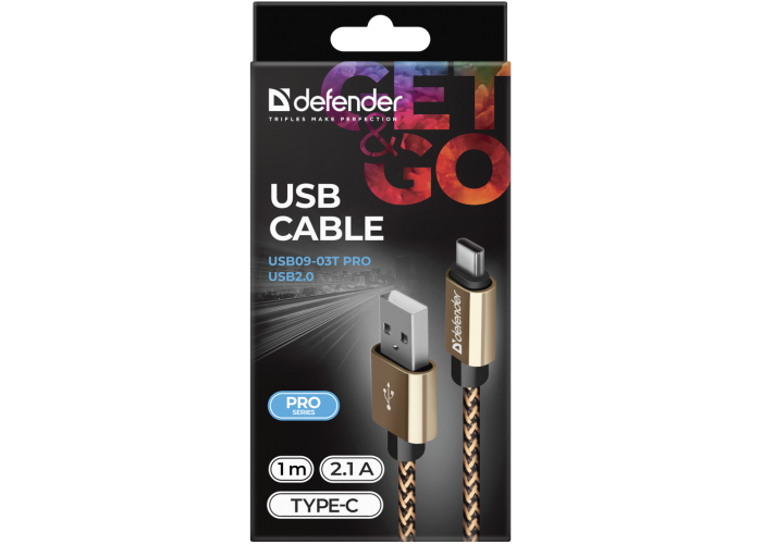 USB кабель Defender USB09-03T PRO USB2.0 Золотой, AM-Type-C, 1m, 2.1A