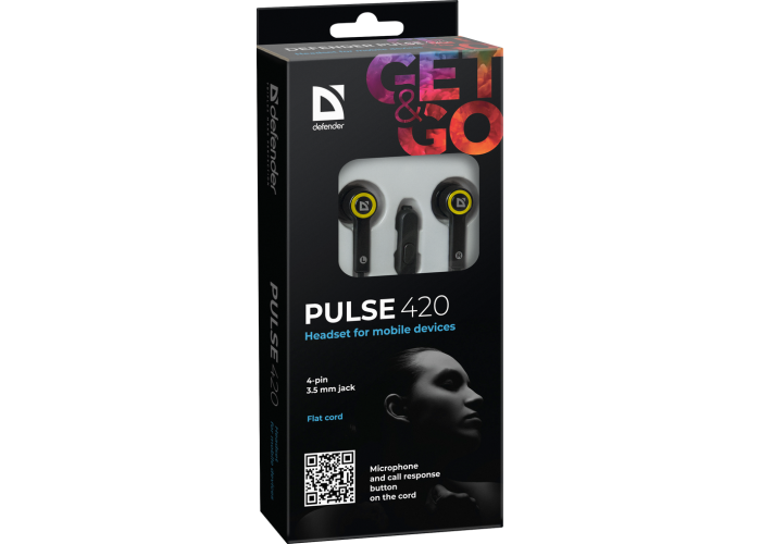 Гарнитура для смартфонов Defender Pulse 420 черный + желтый, вставки