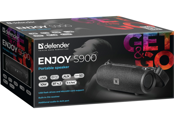 Портативная акустика Defender Enjoy S900 черный, 10Вт, BT/FM/TF/USB/AUX