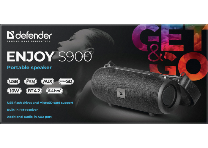 Портативная акустика Defender Enjoy S900 черный, 10Вт, BT/FM/TF/USB/AUX
