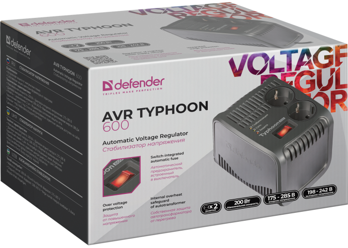 Стабилизатор напряжения Defender AVR Typhoon 600 200 Вт, 2 розетки