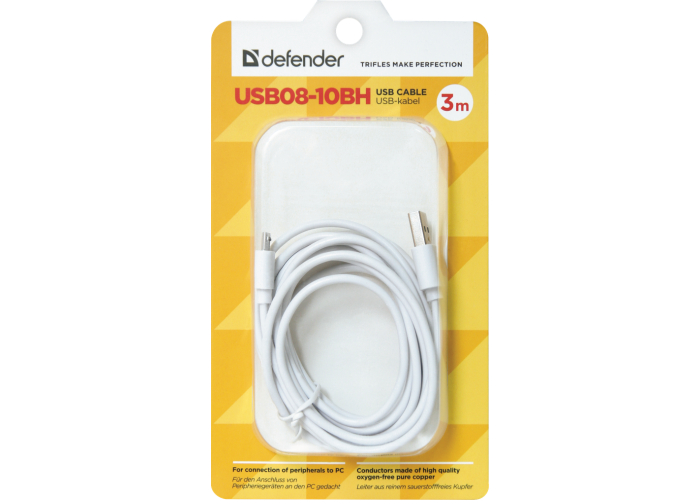 USB кабель Defender USB08-10BH USB2.0 белый, AM-MicroBM, 3м