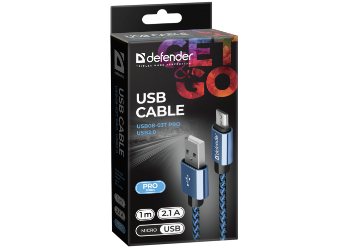 USB кабель Defender USB08-03T PRO USB2.0 Синий, AM-MicroBM, 1m, 2.1A