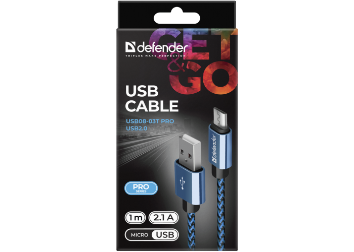 USB кабель Defender USB08-03T PRO USB2.0 Синий, AM-MicroBM, 1m, 2.1A