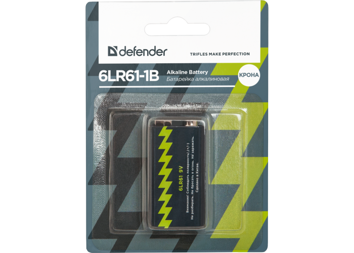 Батарейка алкалиновая Defender 6LR61-1B Крона, в блистере 1шт, 9 В