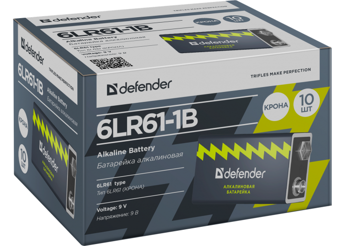 Батарейка алкалиновая Defender 6LR61-1B Крона, в блистере 1шт, 9 В