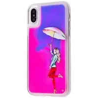 Чехол для iPhone X / Xs "Neon песок" розово-синий "девушка под зонтиком"