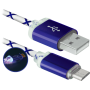 USB кабель Defender USB08-03LT USB2.0 голубой, LED, AM-MicroBM, 1м