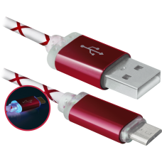USB кабель Defender USB08-03LT USB2.0 красный, LED, AM-MicroBM, 1м