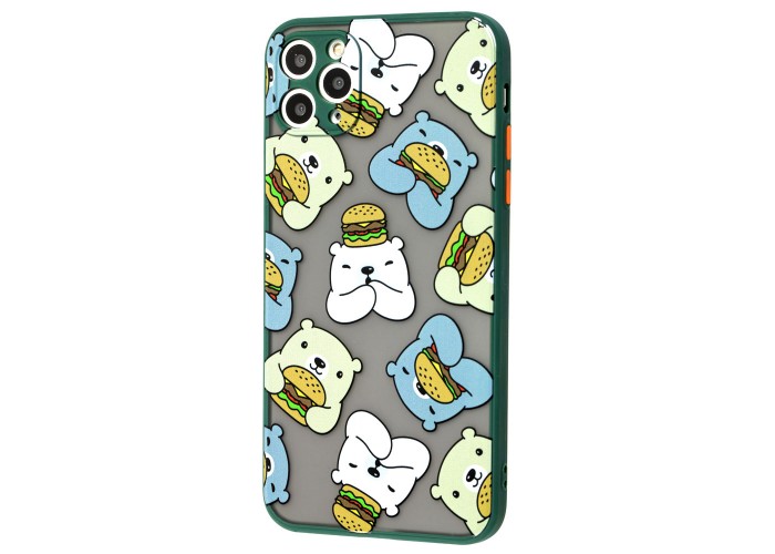 Чехол для iPhone 11 Pro Max Wave Cartoon bear and burger / forest green