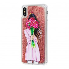 Чехол для iPhone Xs Max блестки вода розовый "girl with flowers"