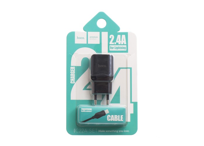 Сетевое зарядное устройство Hoco C22A 2.4A lightning USB 2in1 черный