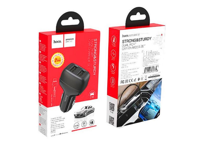 Автомобильное зарядное устройство Hoco Z36 microUSB Leader 2.4A 2USB черный