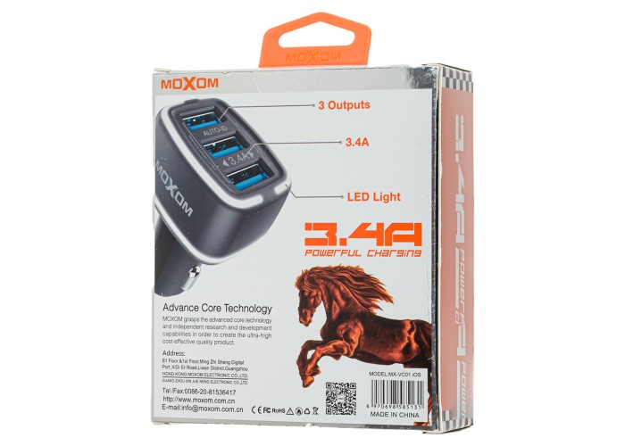Автомобильное зарядное устройство Moxom MX-VC01 lightning 3USB/3,4A черный