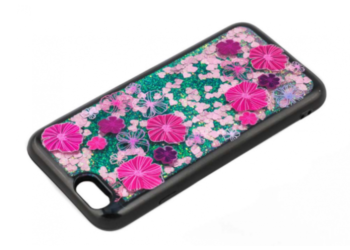 Чехол для iPhone 6/6s блестки вода розовые цветы