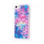 Чехол для iPhone 7/8 блестки вода New розово-синий фламинго с букетом