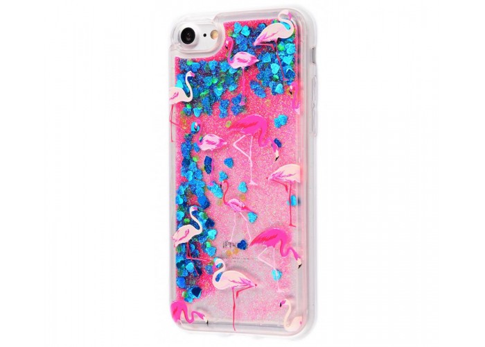 Чехол для iPhone 7/8 блестки вода New розово-синий фламинго