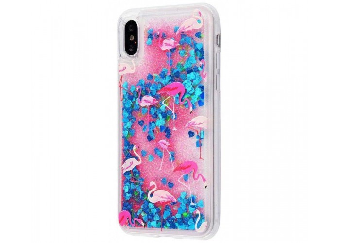 Чехол для iPhone X / Xs блестки вода New розово-синий фламинго