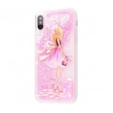 Чехол для iPhone X блестки вода New светло-розовый девушка с букетом